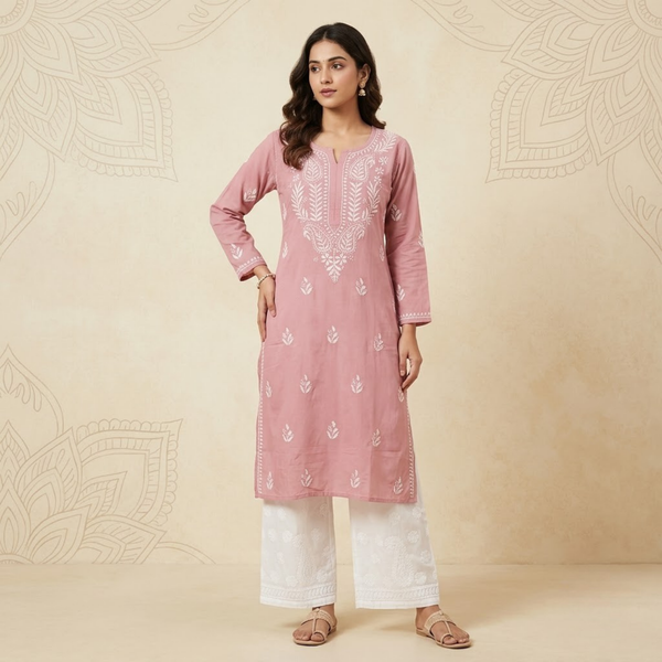 HOC Women’s Reyon Ghass Patti Chikankari Long Kurta – Lucknowi Handcrafted , Pink