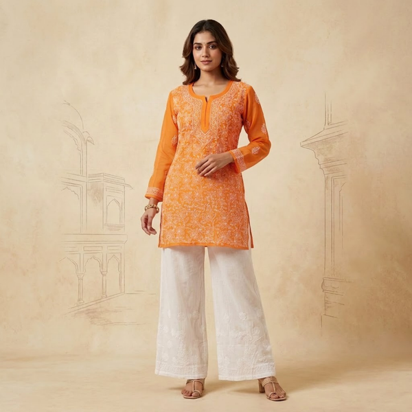 HOC Women’s Voil Cotton Chikankari Short Kurti – Lucknowi Handcrafted , Orange
