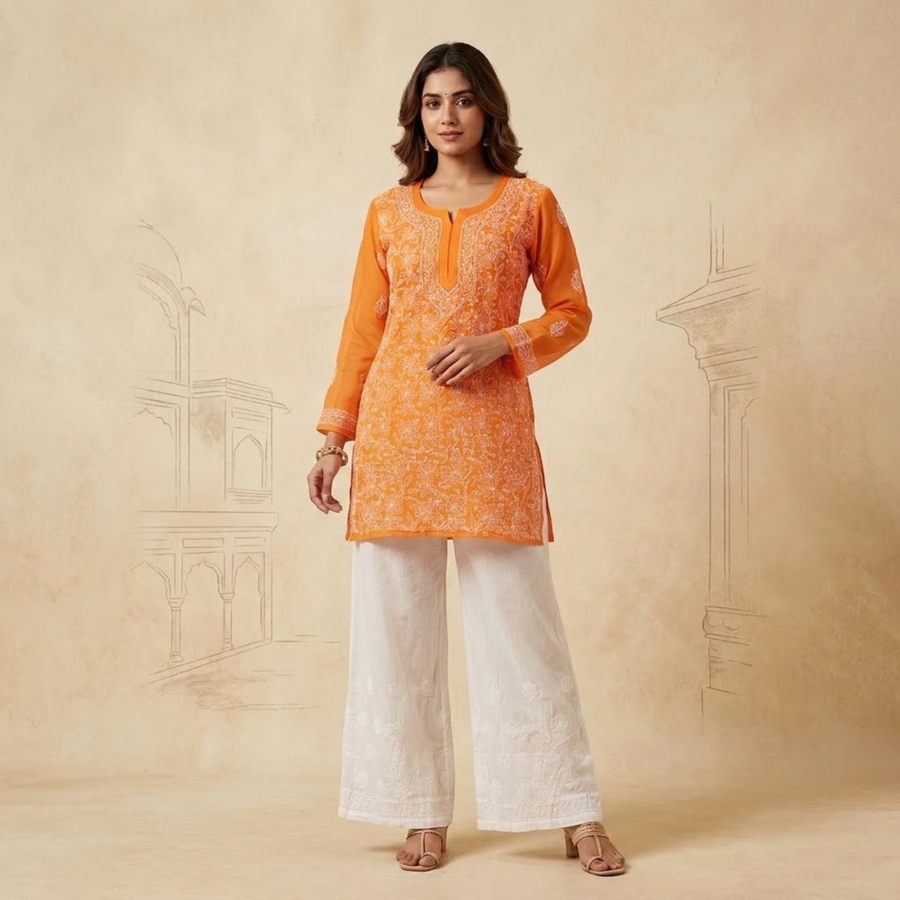 HOC Women’s Voil Cotton Chikankari Short Kurti – Lucknowi Handcrafted , Orange