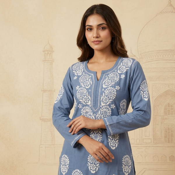 HOC Women’s Rayon Ghass Patti Chikankari Long Kurta – Lucknowi Handcrafted , Blue