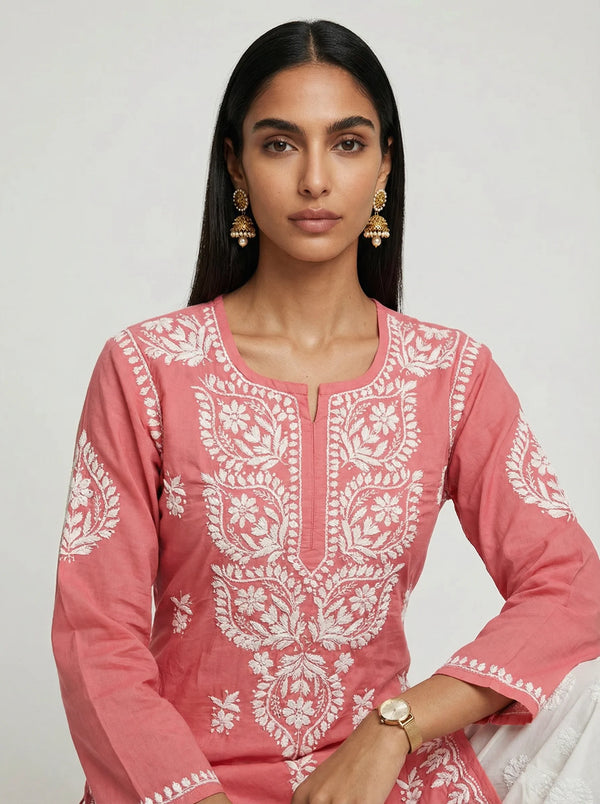 HOC Women’s Masleen Chikankari Long Kurta – Lucknowi Handcrafted , Peach