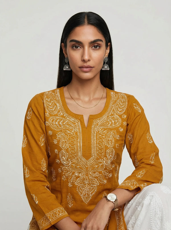 HOC Women’s Pure Cotton  Chikankari Long Kurta – Lucknowi Handcrafted , Mustard Yellow