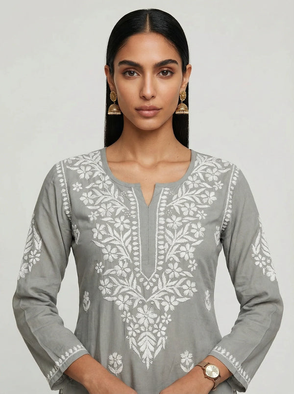 HOC Women’s Rayon Chikankari Long Kurta – Lucknowi Handcrafted , Grey