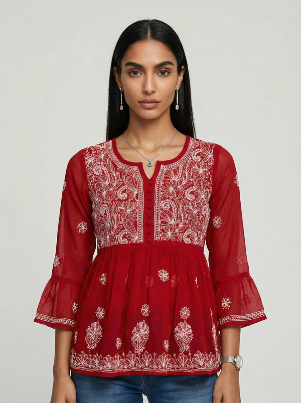 HOC Women’s Chiffon Chikankari Short Kurta – Lucknowi Handcrafted , Red