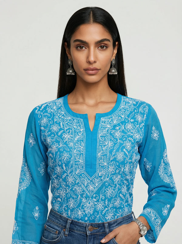HOC Women’s Chiffon Chikankari Short Kurta – Lucknowi Handcrafted , Sky Blue