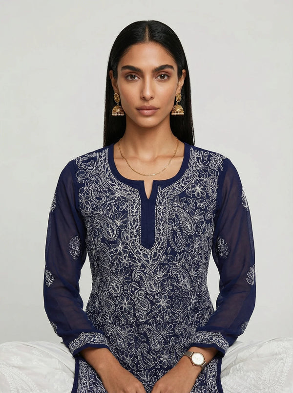 HOC Women’s Chiffon Chikankari Long Kurta – Lucknowi Handcrafted , Dark Blue