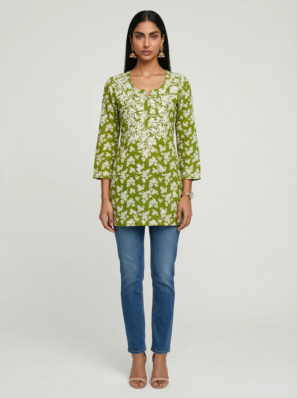 HOC Women’s Voil Cotton Chikankari Short Kurti – Lucknowi Handcrafted , Green