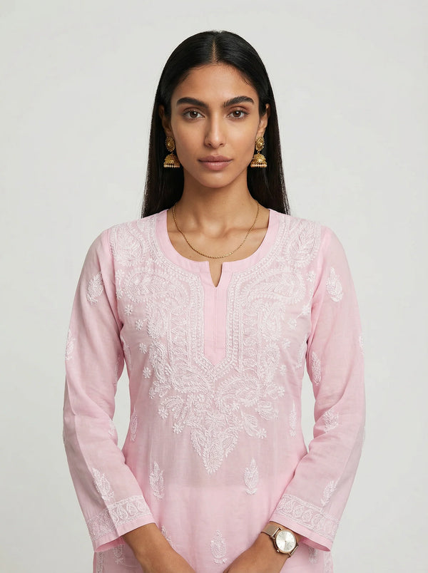 HOC Women’s Pure Cotton  Chikankari Long Kurta – Lucknowi Handcrafted , Baby Pink