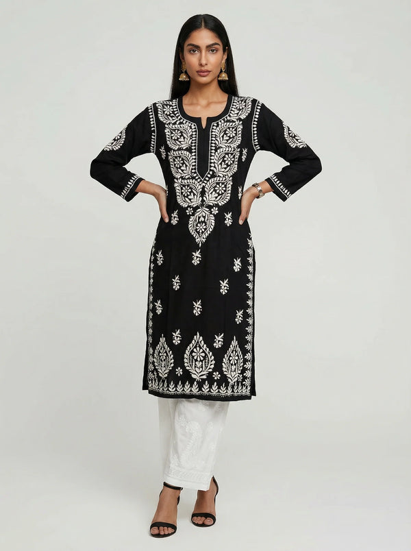 HOC Women’s Masleen Chikankari Long Kurta – Lucknowi Handcrafted , Black