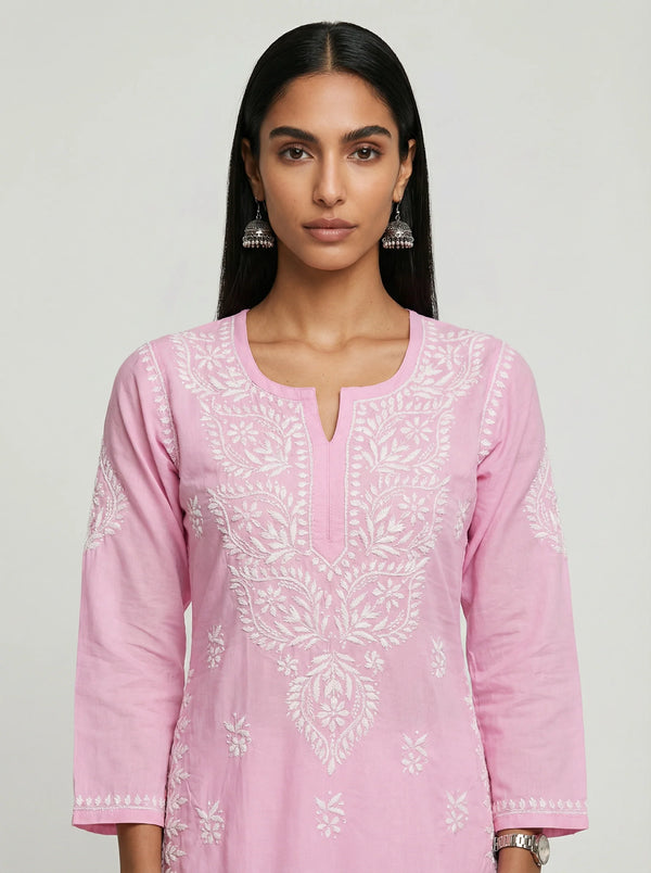 HOC Women’s Masleen Chikankari Long Kurta – Lucknowi Handcrafted , Baby Pink