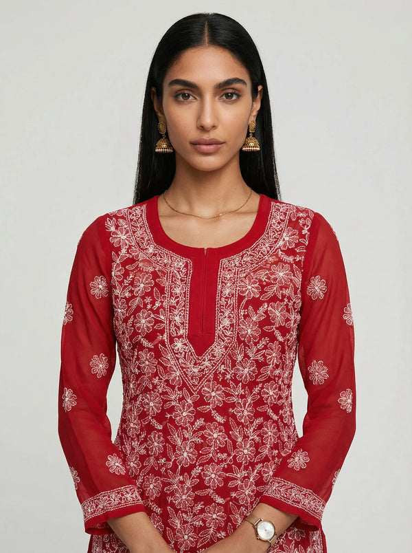 HOC Women’s Chiffon Chikankari Long Kurta – Lucknowi Handcrafted , Coral Rust Red