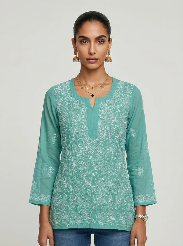 HOC Women’s Voil Cotton Chikankari Short Kurti – Lucknowi Handcrafted, Mint Green
