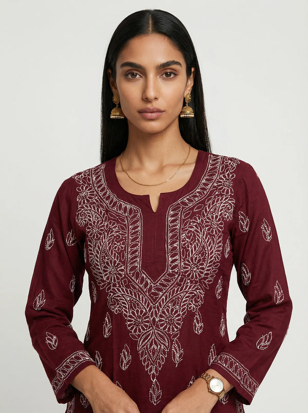 HOC Women’s Pure Cotton  Chikankari Long Kurta – Lucknowi Handcrafted , Maroon