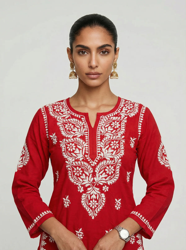 HOC Women’s Masleen Chikankari Long Kurta – Lucknowi Handcrafted , Red