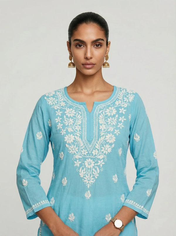 HOC Women’s Rayon Chikankari Long Kurta – Lucknowi Handcrafted , Sky Blue