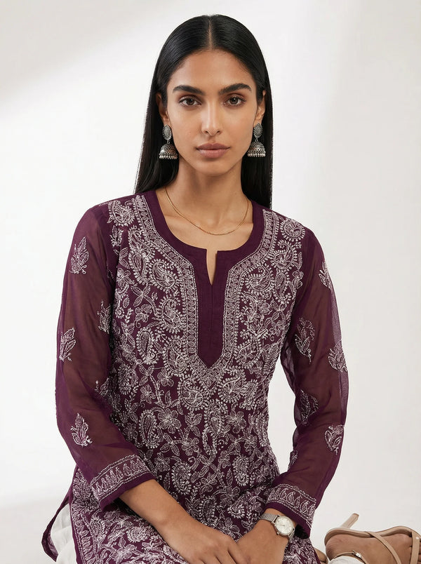 HOC Women’s Chiffon Chikankari Long Kurta – Lucknowi Handcrafted , Purple