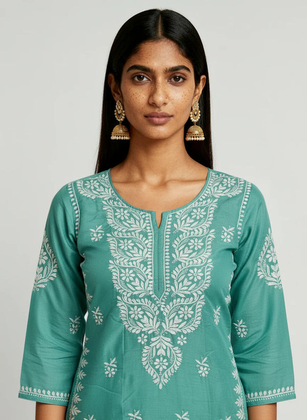 HOC Women’s Masleen Chikankari Long Kurta – Lucknowi Handcrafted , Firozi