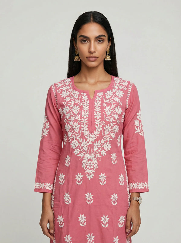 HOC Women’s Rayon Chikankari Long Kurta – Lucknowi Handcrafted , Peach