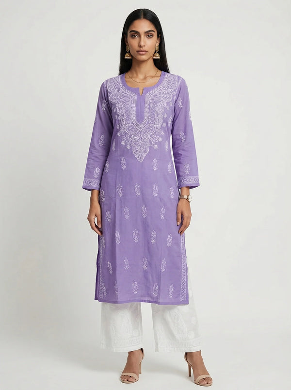 HOC Women’s Pure Cotton  Chikankari Long Kurta – Lucknowi Handcrafted , Purple