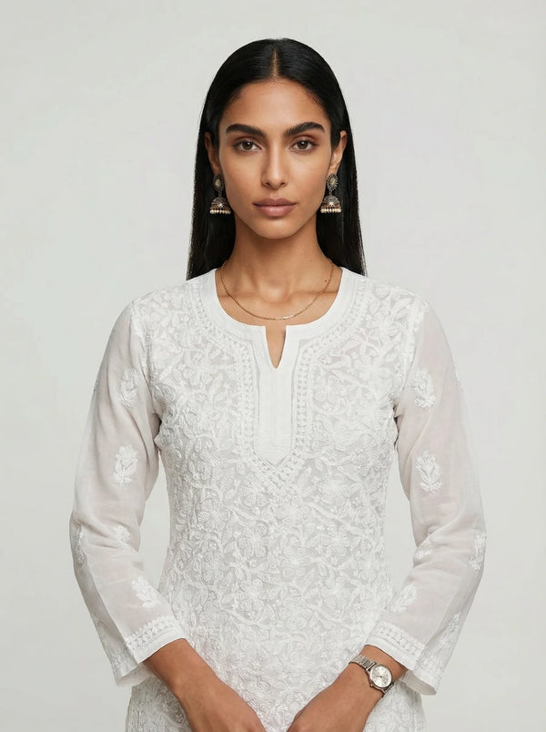HOC Women’s Chiffon Chikankari Long Kurta – Lucknowi Handcrafted , White