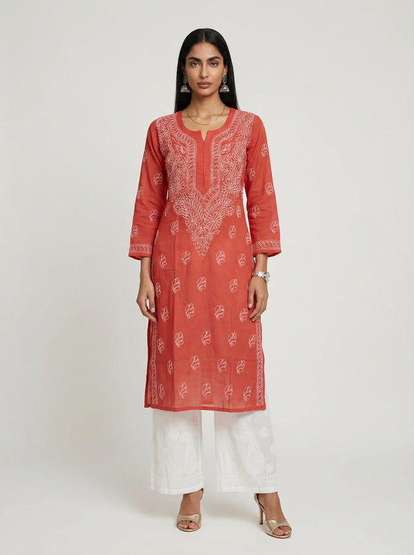 HOC Women’s Pure Cotton  Chikankari Long Kurta – Lucknowi Handcrafted , Red