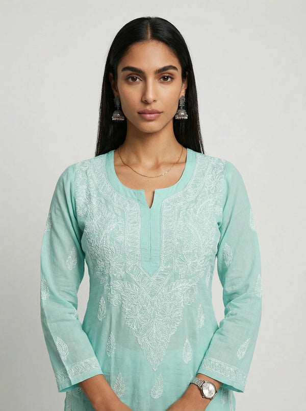 HOC Women’s Pure Cotton  Chikankari Long Kurta – Lucknowi Handcrafted , Soft green