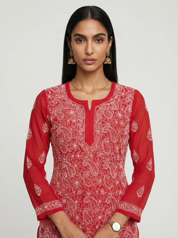 HOC Women’s Chiffon Chikankari Long Kurta – Lucknowi Handcrafted , Red