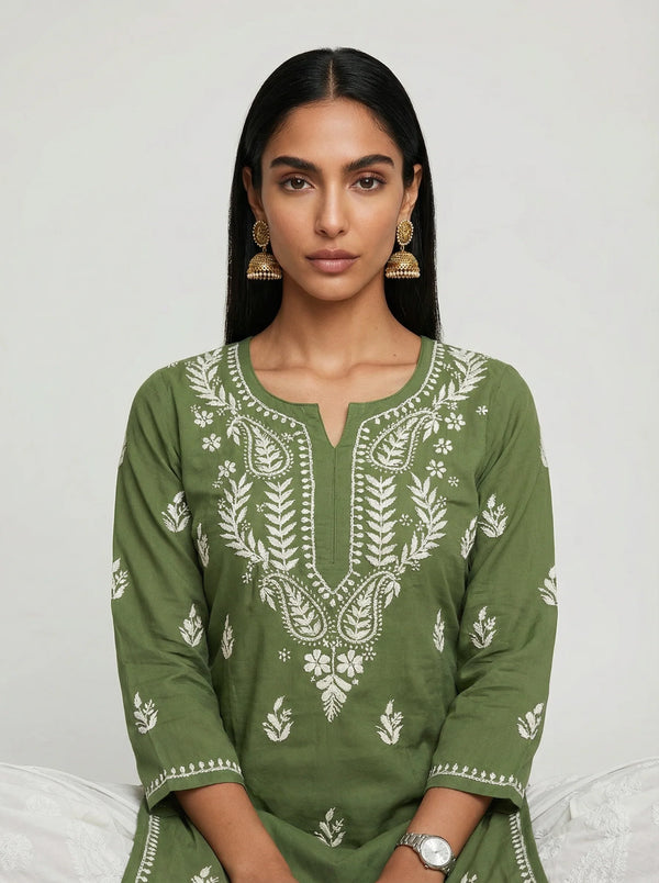 HOC Women’s Rayon Chikankari Long Kurta – Lucknowi Handcrafted , Green