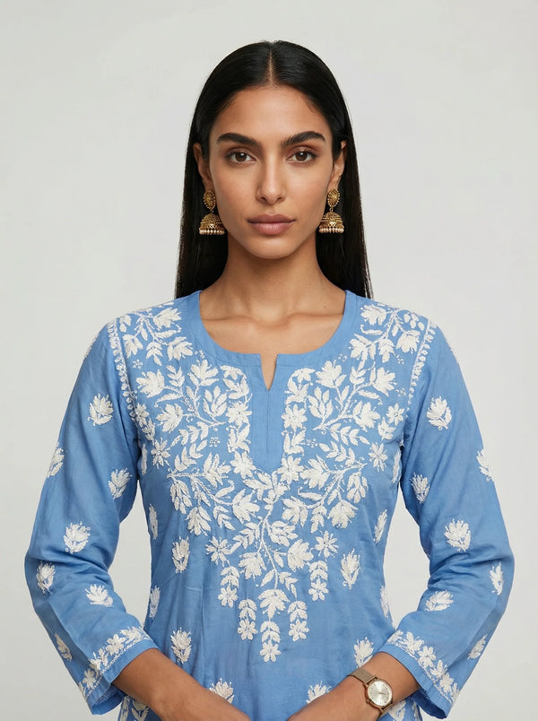 HOC Women’s Masleen Chikankari Long Kurta – Lucknowi Handcrafted , Sky Blue