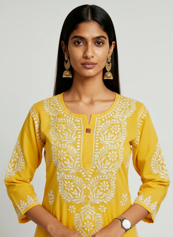 HOC Women’s Masleen Chikankari Long Kurta – Lucknowi Handcrafted , Yellow