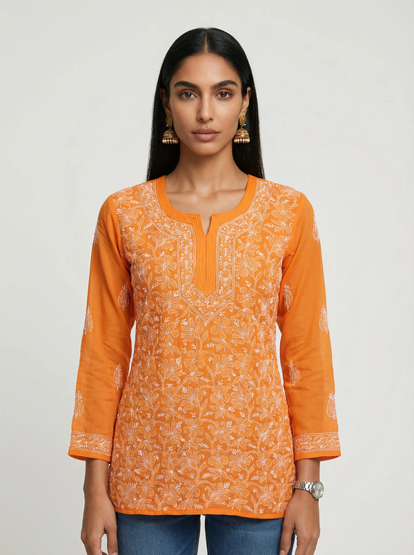 HOC Women’s Voil Cotton Chikankari Short Kurti – Lucknowi Handcrafted , Orange