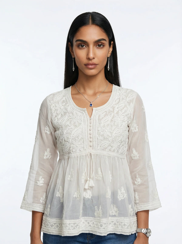 HOC Women’s Chiffon Chikankari Short Kurta – Lucknowi Handcrafted , White