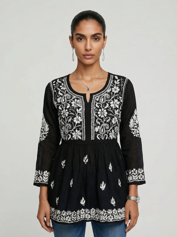 HOC Women’s Chiffon Chikankari Short Kurta – Lucknowi Handcrafted , Black